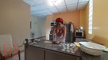 Preview 1 of Xnxxdl - Nudist housekeeper Regina Noir cooking at the kitchen. Naked maid makes dumplings. BRA