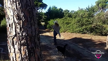 Preview 2 of Leah Joti - nippleringlover walking topless at public beach - pierced tits big nipples with nipplechain - flashing pierced pussy