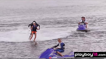 Preview 3 of Moms Small Tits - Nude badass ebony babe Tori Taylor and her busty GFs trying water jet pack