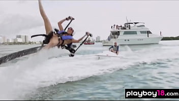 Preview 4 of Moms Small Tits - Nude badass ebony babe Tori Taylor and her busty GFs trying water jet pack