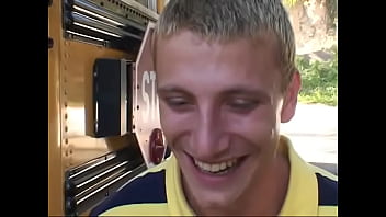 Preview 1 of Cum Blindfold - Muscular tattooed bus driver fucks blonde teen with ponytails in various positions on the bus