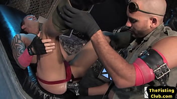 Preview 1 of Ball Stretching Gay - Lubed athletic bottom getting fingered and fisted by stud
