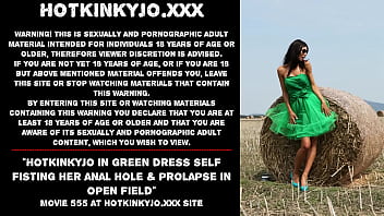 Preview 1 of Unexpected Cum Massage - Hotkinkyjo in green dress self fisting her anal hole &amp_ prolapse in open field