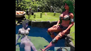 Preview 1 of Old Young Booty - Elf girl and Dryad chill in the pond. Wild Sin