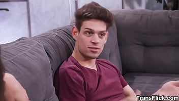 Preview 1 of Mom Skinny Saggy Tits - Everyone gets flirty inside the house and and starts fucking in a hot threesome fuck sesh