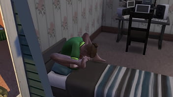 Preview 2 of Slave Girl Leash Threesome - Fingering her dick on the bed,  sims 4