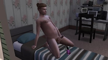 Preview 3 of Slave Girl Leash Threesome - Fingering her dick on the bed,  sims 4