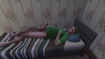 Preview 1 of Slave Girl Leash Threesome - Fingering her dick on the bed,  sims 4
