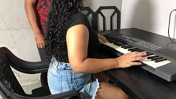 Preview 1 of Trans Goy - Curvy young woman in tight skirt in hot keyboard lessons