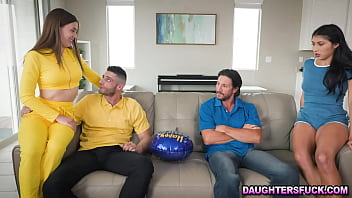 Preview 2 of Mother In Law Sex Mms - Mia Kay and Penelope Woods pamper their respective stepdads Billy Boston and Tommy Gunn in their special day,  back rub foot massage and hardcore fuck.