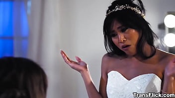 Preview 2 of Door Soles - Trans babe Korra Del Rio kiss and fucks this sexy bride to be Ember Snow