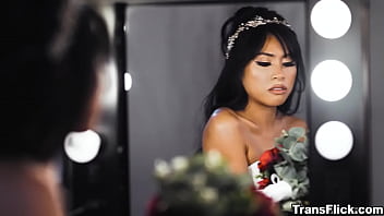 Preview 1 of Door Soles - Trans babe Korra Del Rio kiss and fucks this sexy bride to be Ember Snow