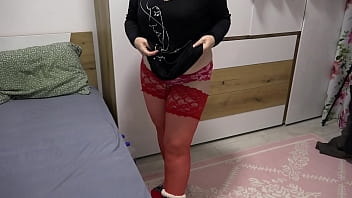 Preview 1 of Xxzxxz - Chubby milf in stockings with deodorant fucks her hairy pussy,  shakes her big boobs and twists her juicy PAWG in panties on webcam. Home fetish.
