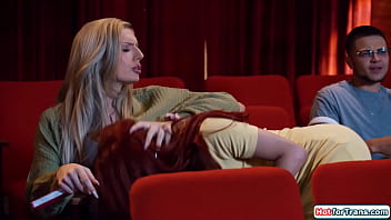 Preview 1 of Hijab Grills - Two big tits shemales fuck a trans mans pussy at the cinema