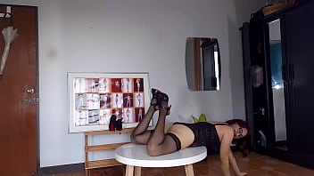 Preview 3 of Honeymoon Couple With Friend - Regina Noir trying on high heels. Striptease in black lingerie and stockings  5
