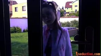 Preview 1 of Girlfriend Mom Story Oops - Asian horror babe cockriding in trio while in uniform
