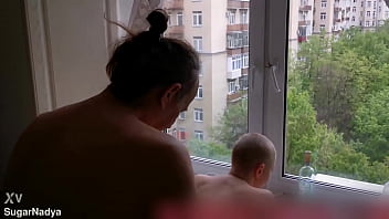 Preview 1 of Woman In Her Bra - Russian short-haired bitch Hanna Montana gets fucked right outside the window