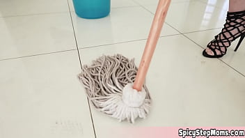 Preview 1 of Sunny Lion Xxx Video Downloads - His busty blonde stepmother cleaning the living room and she is bored with it