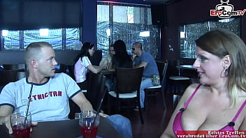 Preview 1 of Son Sex With Friend Mother - Brunette Milf with natural tits fucks in a public bar