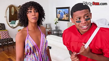Preview 1 of Sister Fukmi - Black stepmom spitroasted in taboo trio with stepson