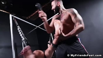 Preview 4 of Joga Sex - Restrained blonde stud Chad Hammer foot tormented by dom