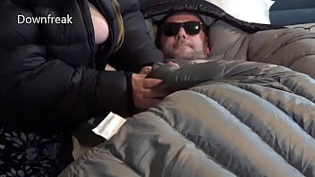 Preview 3 of Xxxxxhd Bf Bf Video Xx - Laying In A Shiny Sleepingbag While Busty Down Jacket Girl Gives Down Handjob