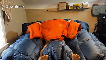 Preview 3 of My Blonde Wife In Beed Sex - Humping Big Orange Parka On Puffy Bed Of Down