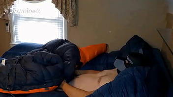 Preview 1 of My Blonde Wife In Beed Sex - Humping Big Orange Parka On Puffy Bed Of Down