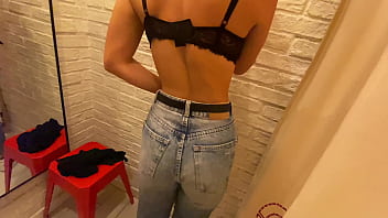 Preview 1 of Gather Sexy Doughter And Wife - Trying leather clothes in Changing room and he Cum on my Big Boobs - Cock2squirt