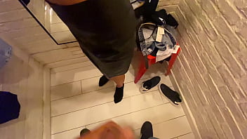 Preview 4 of Gather Sexy Doughter And Wife - Trying leather clothes in Changing room and he Cum on my Big Boobs - Cock2squirt