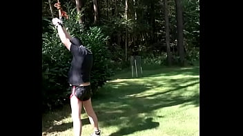 Preview 1 of Wachina Xxx - Me tied to a tree in leather shorts and tanga