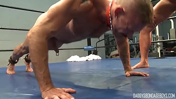 Preview 3 of Black Velvet Massage - Hunky guy makes his boyfriend do pushups in the ring