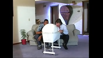 Preview 1 of Bestifull Blonde - Two big studs with big cocks seduce a frightened young brunette with glasses while pounding her horny holes and she gets a double cumshot