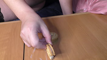 Preview 4 of Audrey Thief - Young slutwife with big boobs and preggo belly  eat cum covered cookies - Milky Mari - Mukbang