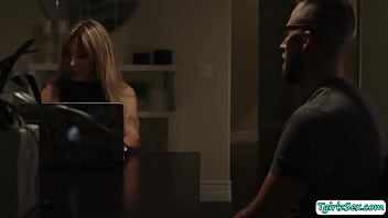 Preview 1 of 3cowok 1 Cewe - Busty shemale Eva Paradis deepthroats and barebacks stepson