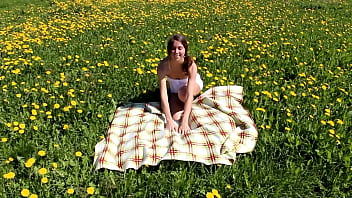 Preview 1 of Big Mama Sex Videi - Beautiful Ananta Shakti masturbates pussy on a field with dandelions GB002