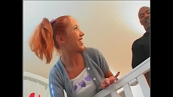 Preview 1 of Extreme Teen Penetration - Playful babe with red ponytails gives a blowjob to a black guy and gets a hard cock in her tight ass
