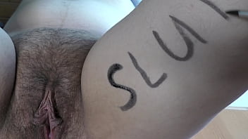 Preview 1 of Flexi Julia - Slutty young wife with a hairy pussy get body writing and take a lot of creampies and cumshots on her fertile body - Milky Mari