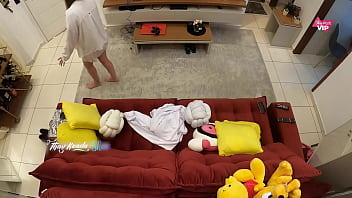 Preview 1 of 2 Girls Planing For Sex - Hot wife accepting the delivery man and having sex with him on the sofa at home with English subtitles