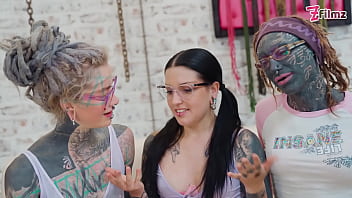 Preview 2 of First Time Tavision Teacher Xnxx - ALT tattoo ANAL threesome with GAPES,  fisting,  gagging on cock and cum on glasses