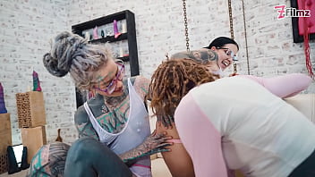 Preview 3 of First Time Tavision Teacher Xnxx - ALT tattoo ANAL threesome with GAPES,  fisting,  gagging on cock and cum on glasses