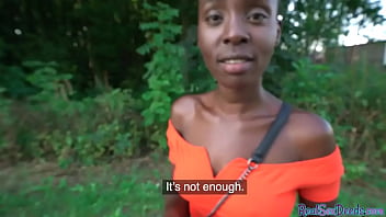 Preview 1 of 1970 Step Mother Sex Movies - Hairless Ebony babe gets paid for sucking big dong outdoors