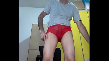 Preview 1 of Trany Crosdee - Fazendo strip tease tirando a blusa branca a cueca vermelha sexy Pau de leite Gostoso Safado Tesudo Pau Grande de 25 cm empinado  jorrando leite