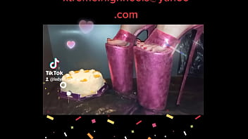 Preview 2 of Xxxwwwcom Vodo - Lady L : Ultra pink mules extreme 14 inch/35 cm high heels crush white cake (video short version)