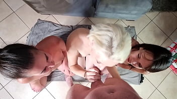 Preview 2 of Xxx Sex Nom Videos - 2 brunettes training a blond slut HOW TO SUCK COCK | blowjob | spit in face | gagging