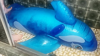 Preview 1 of Sister Mother One Brothrt - Hump and cum on Intex 2m inflatable blue whale part filled with water