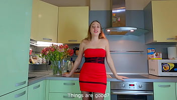 Preview 1 of Ked By - Horny Sexy Girl in a very revealing short red dress with stockings wants to Fuck in the Kitchen while his wife with Guests in next Room! Female Orgasm and Creampie! Nata Sweet