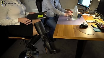 Preview 1 of Carol Cox Pissdrinking - secretary humiliating her boss with hand,  blow and bootjob until he pees in his jeans - business-bitch