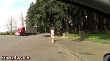 Preview 1 of Bella Beyl - Krissy4u strips down to lingerie for passing truckers with cum at end