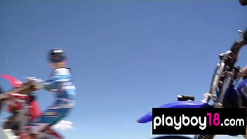 Preview 2 of Pleyboy Tv - Big boobed badass nude babes trying motocross in the desert
